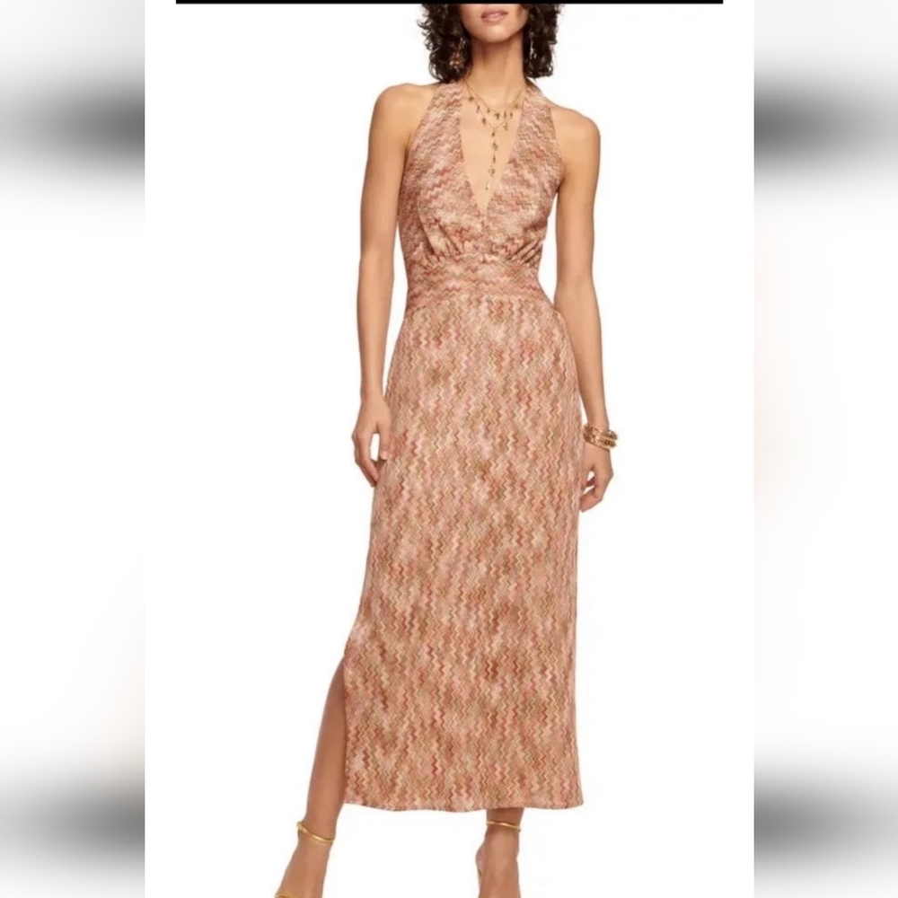 Ramy Brook Henrietta Chevron Stripe Halter Midi Dress Pink‎ Punch Gold Shimmer 2